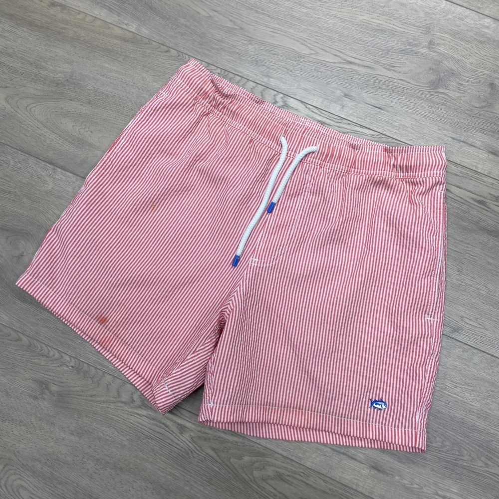 Southern Tide Swim Trunks Mens M Red Seersucker Striped Beach Shorts FAIR